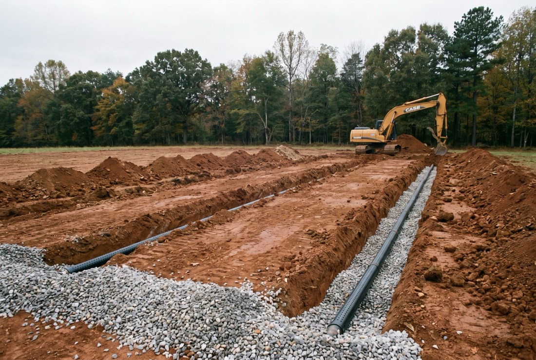 A new septic drain field under construction, trenches open with distribution pipe laid in gravel