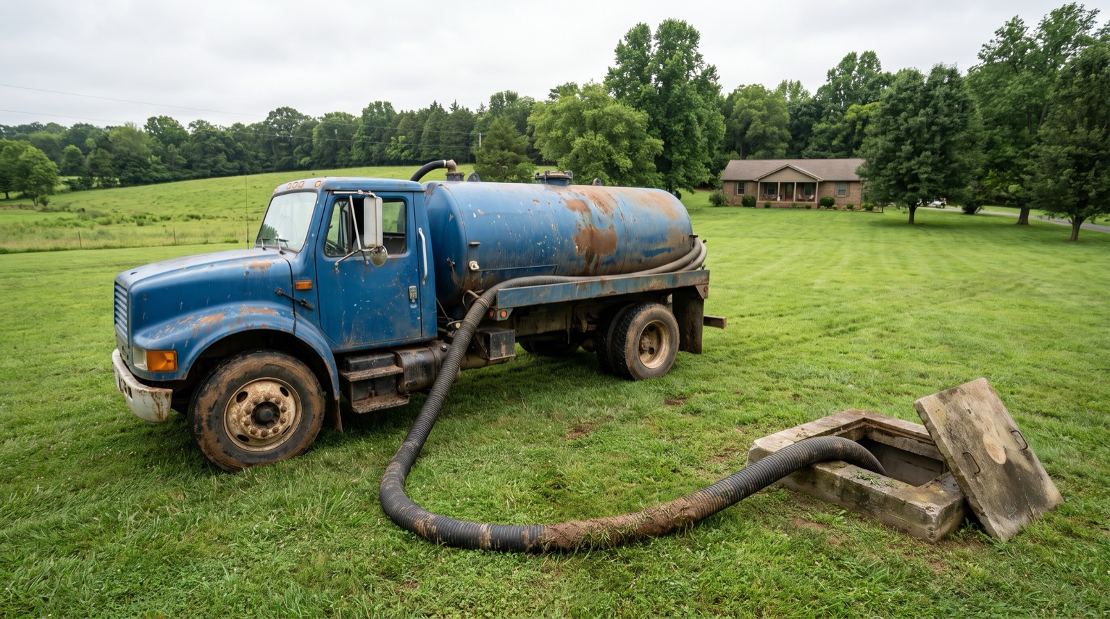 A septic pump truck on a rural Tennessee property with its hose run to an open tank lid