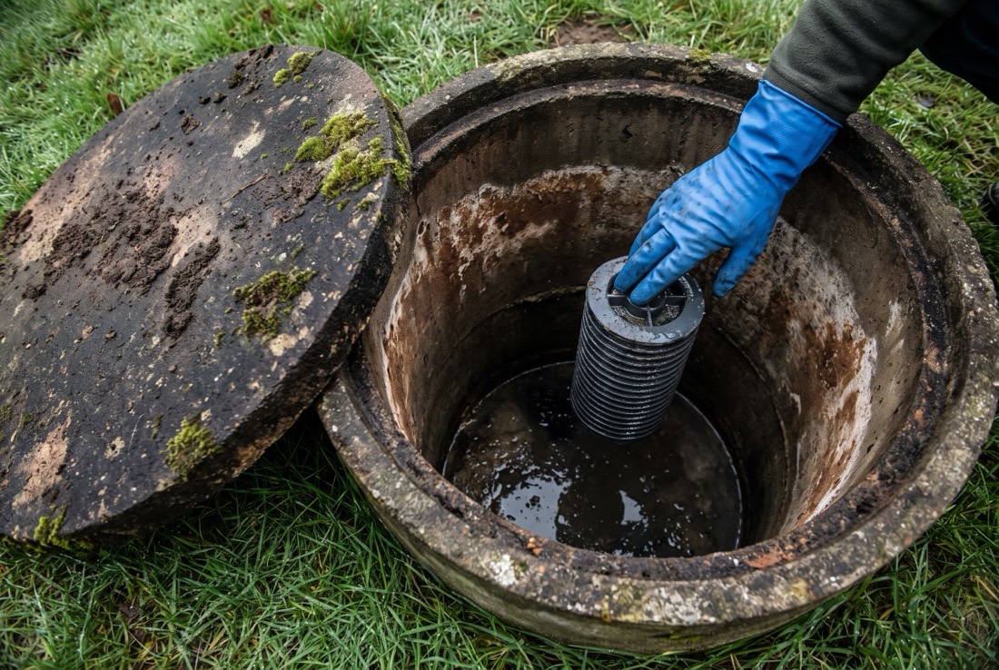 An open septic tank riser showing the outlet baffle and effluent filter during an inspection